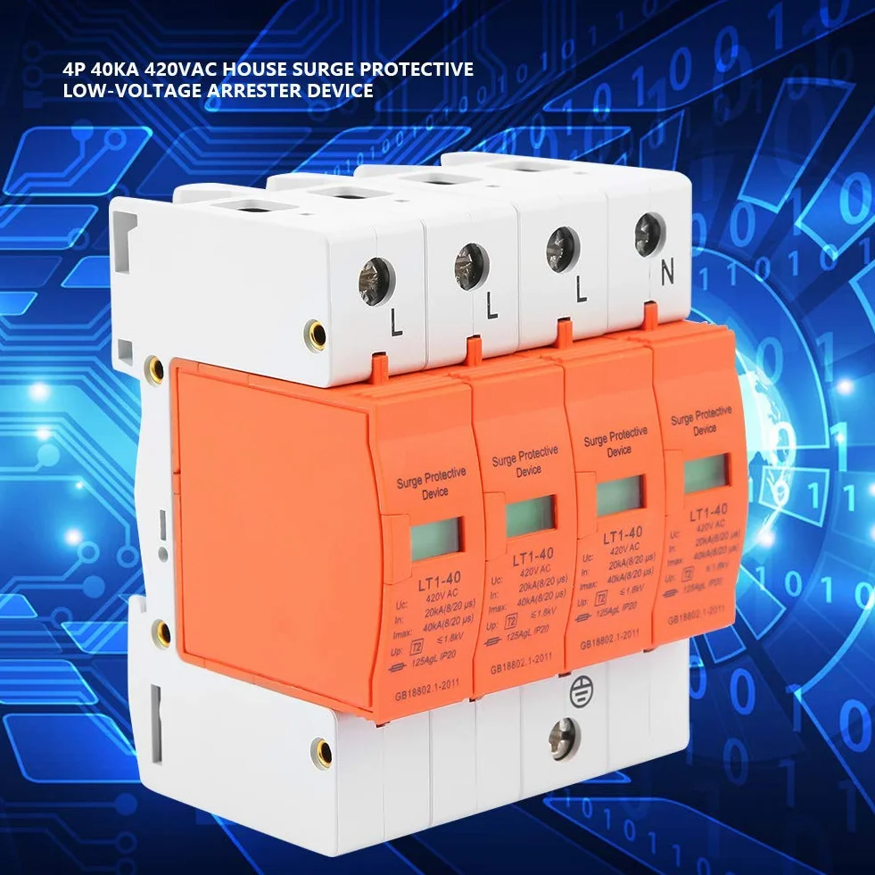 4 Polos AC 420V, 40KA, Protector de Sobretensión Doméstico, Dispositivo Pararrayos de Bajo Voltaje, para Protección Contra Rayos