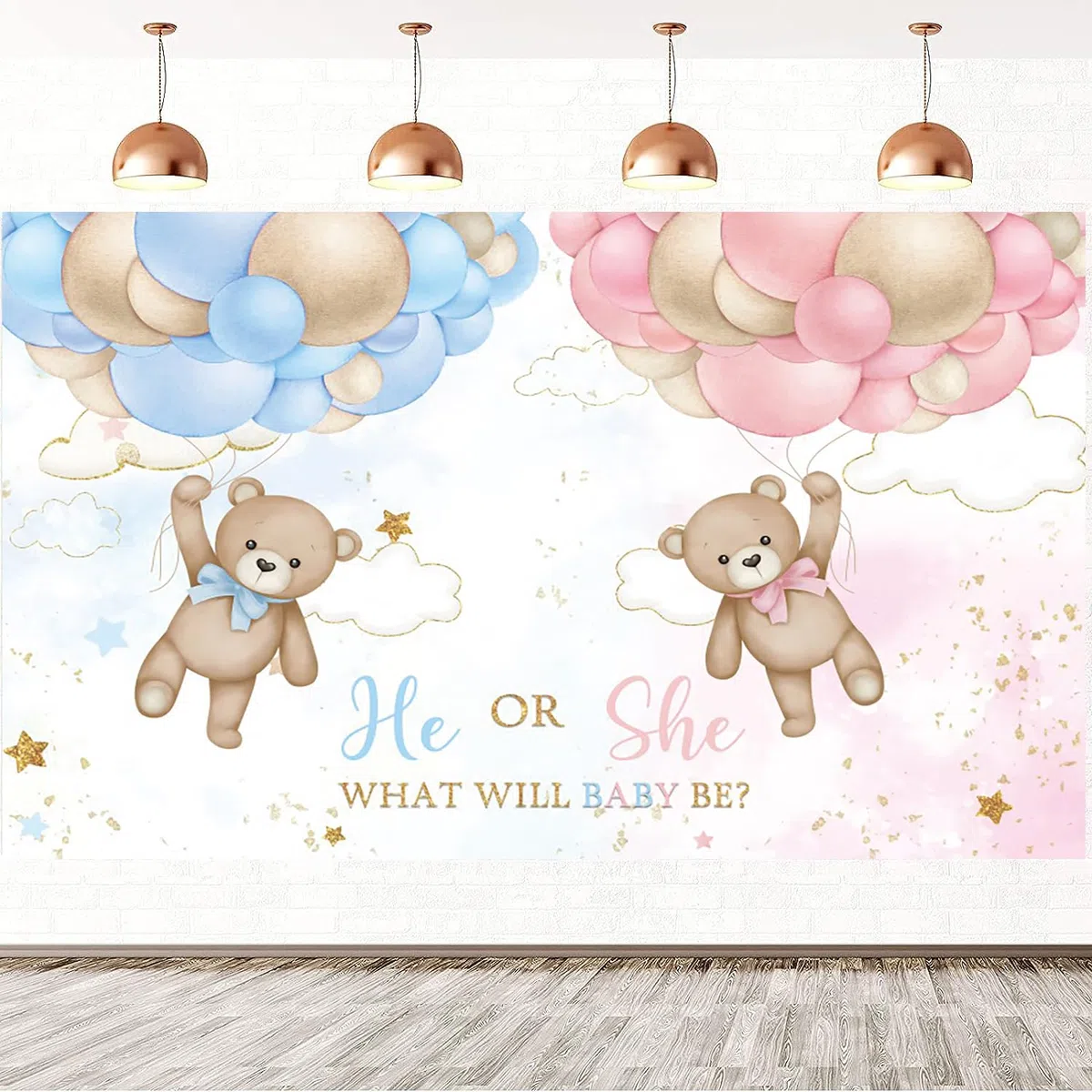 2.4x1.8m Telón de fondo revelación sexo Oso Globos Azul o Rosa He or She What Will Baby Be Fondo Fotográfico Fiesta de Revelación de Sexo Decoración de Mesa para Tarta Pancartas Atrezzo para Fotomatón