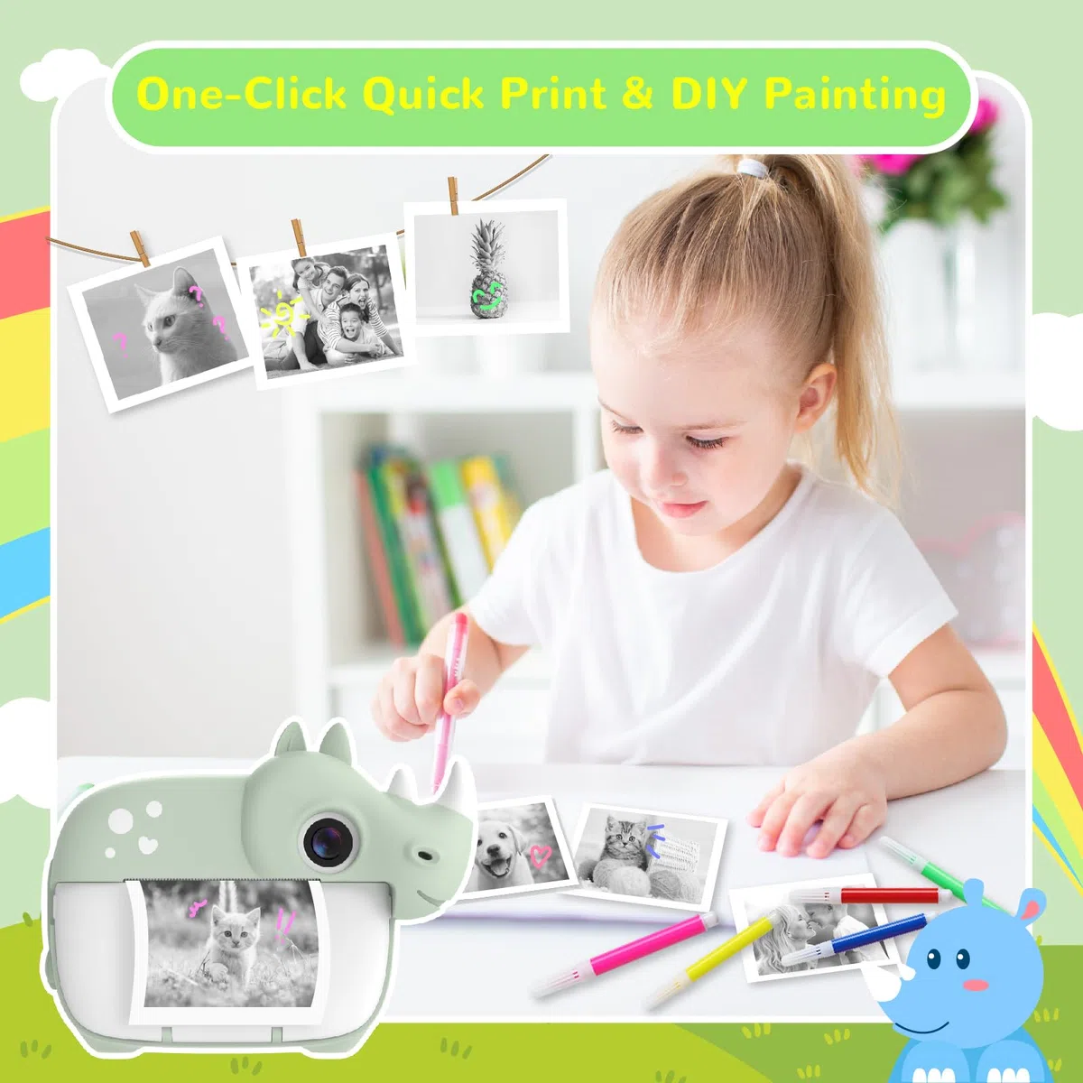 CAMCLID Camara Fotos Infantil Instantanea, Cámara de Fotos Instantáneas para Niños con Tarjeta de 32G y Accesorios de Cámaras, 12MP/1080P HD Cámara Digital, Regalos para Niños y Niñas (Verde)
