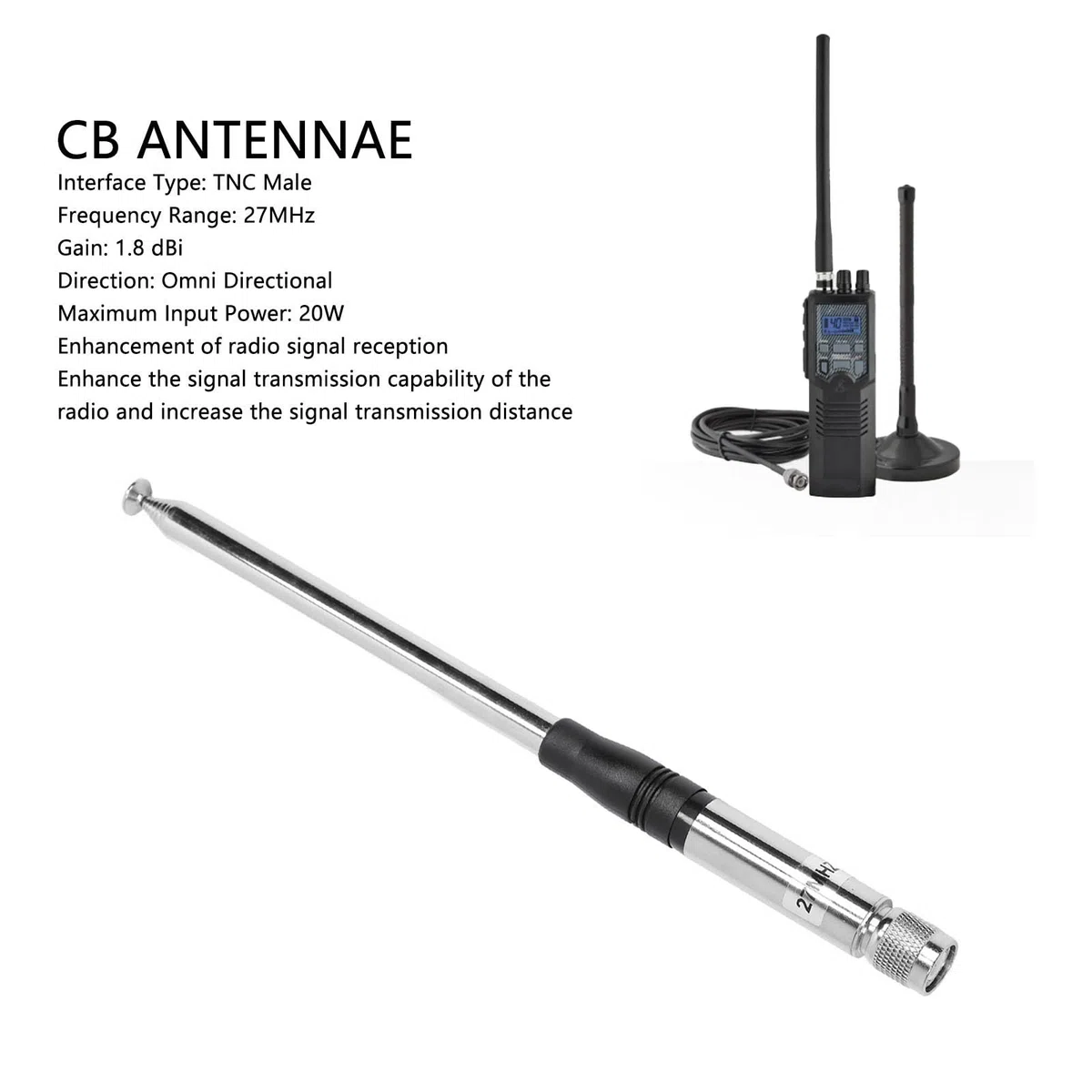Antena de Radio CB de 27 MHz, Antena de Repuesto de Radio con Conector TNC, Telescópica de 23,5-130 Cm, para President Randy 3