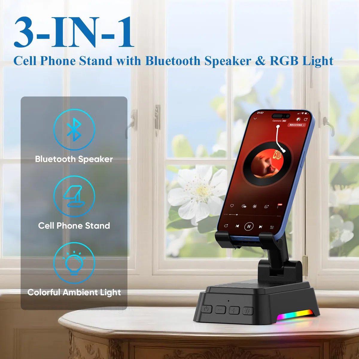 Altavoz Bluetooth con Soporte Movil Mesa y Luz Nocturna,Altavoz Portatil Bluetooth con Soporte Móvil Mesa Ajustable para iPhone/Samsung/iPad, Regalos Originales para Hombre y Mujer