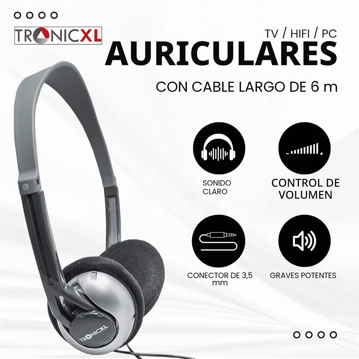 TronicXL Auriculares estéreo de Diadema con Conector Jack para televisión con Cable de 6m Largo compatibles con televisores Samsung LG Sony Toshiba DYON JVC Philips iPad y iMac de Apple Ordenadores