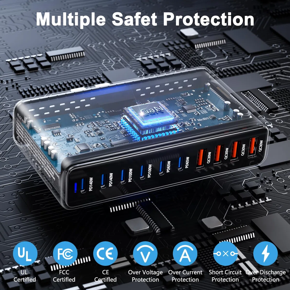 Cargador USB C 730W, Estación de Carga 10 Puertos, Cargador Rápido Adaptador Sector para Ordenador portátil 140W, Alimentación PD, Compatible con iPhone/Samsung/Google/Laptop/MacBook Pro/Air/DELL