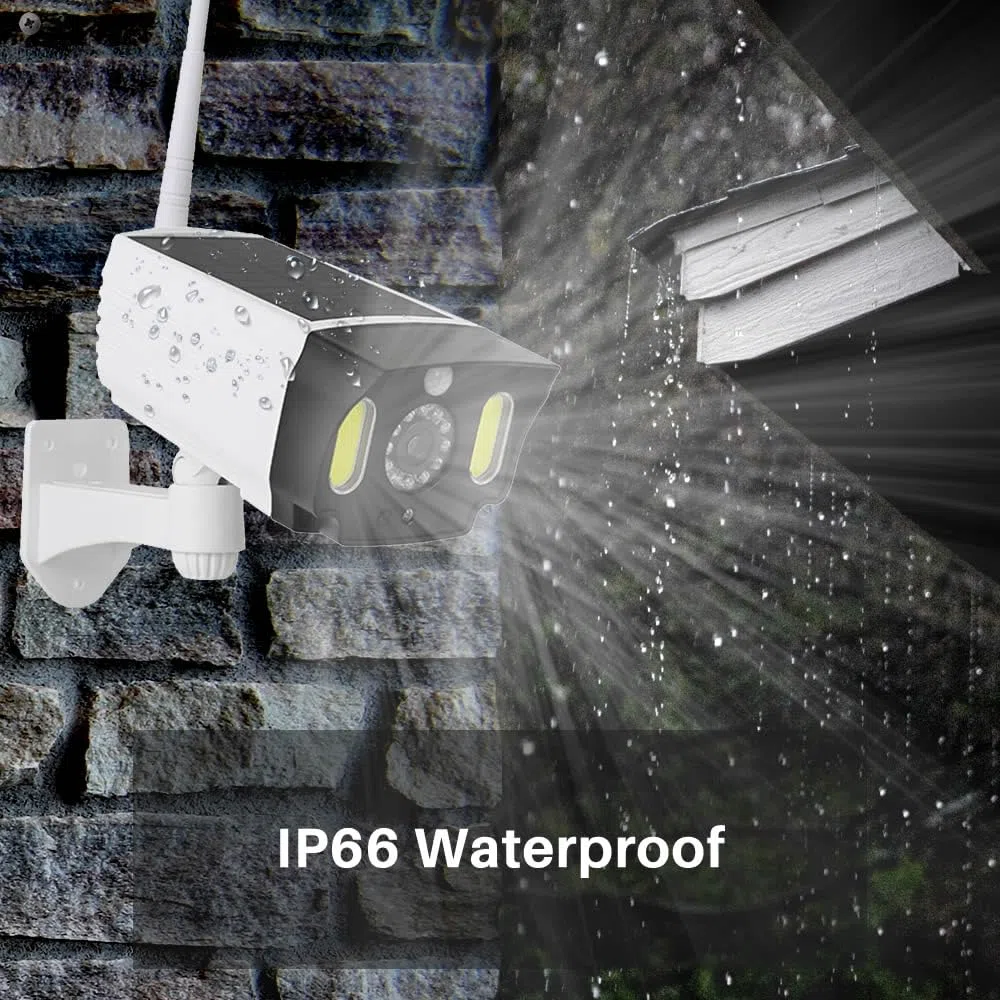 JUSTOP Cámara CCTV falsa, funciona con energía solar, luces LED de seguridad con sensor de movimiento PIR, impermeable para uso en exteriores, color blanco