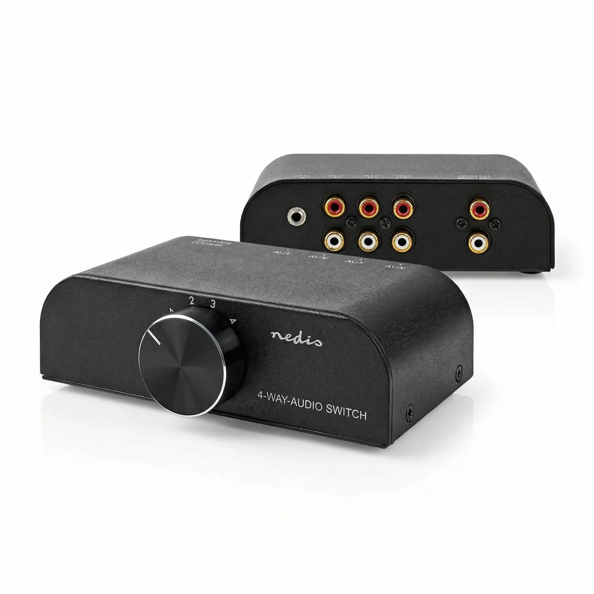 Nedis Interruptor de Audio analógico, Puerto de 4 Puertos, Conexiones, Entrada: 1 Entrada de Audio de 3,5 mm / 3 x (2 Conectores RCA Hembra), Conexiones, Salida: 1 x (2 Conectores RCA) | Manual |