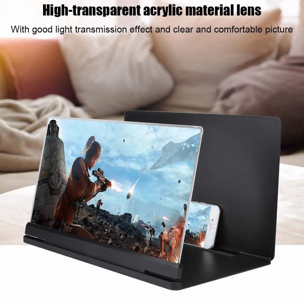 Topiky Lupa de proyección de Pantalla de teléfono de 14 Pulgadas, portátil 3D Video HD Proyector de Pantalla Universal para teléfono Inteligente Amplificador ampliado Amplificador Soporte(Negro)