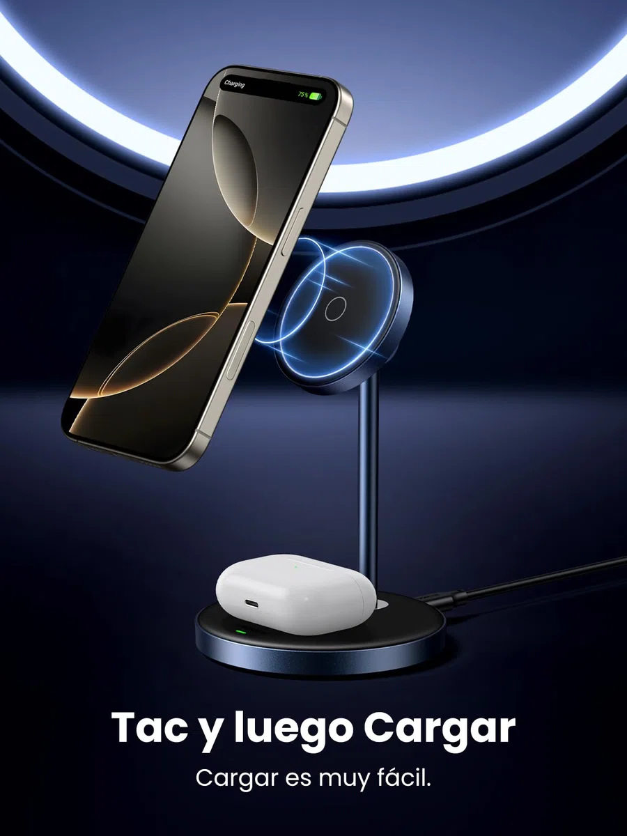 UGREEN MagFlow Cargador Inalámbrico 2 en 1, Estación de Carga Magnética para Airpods, Soporte para Móvil Compatible coniPhone 17 Pro MAX Air/16/15/14/13/12 Series, AirPods Pro 2/3