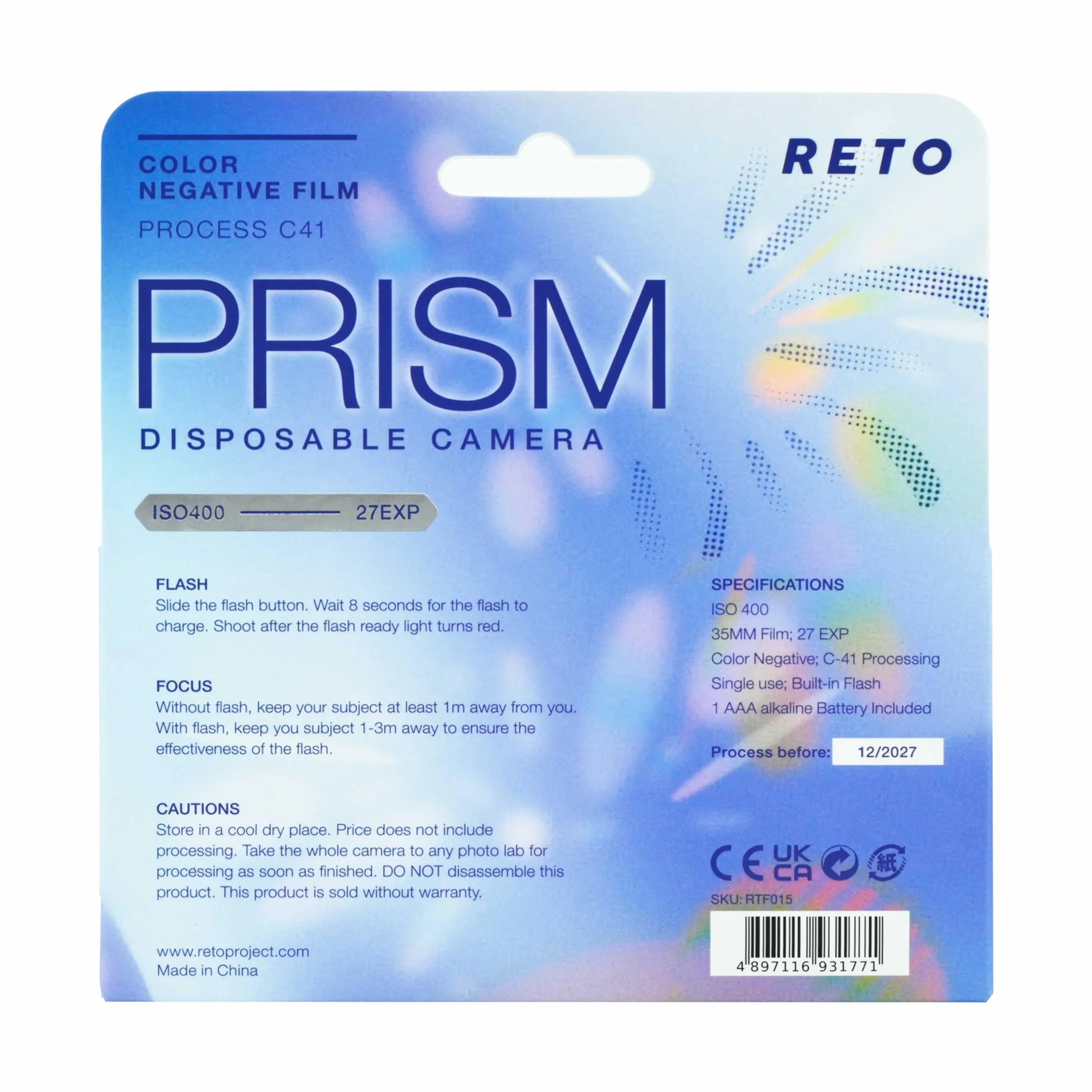 Reto Color Prism 400 - Cámara de película desechable de 35 mm 27EXP, ISO400, película negativa a color, sin enfoque, fácil de usar, flash integrado, un solo uso (película y batería incluidas)