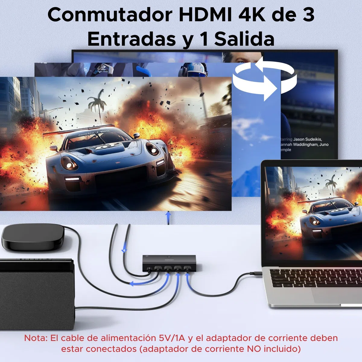 UGREEN HDMI Switch 4K 60Hz 3 Entradas a 1 Salida Conmutador 1080P 3D HDR10 Dolby Atmos con Control Remoto Compatible con Laptop PS5/4 Xbox TV Stick Box Chromecast BLU Ray DVD Proyector
