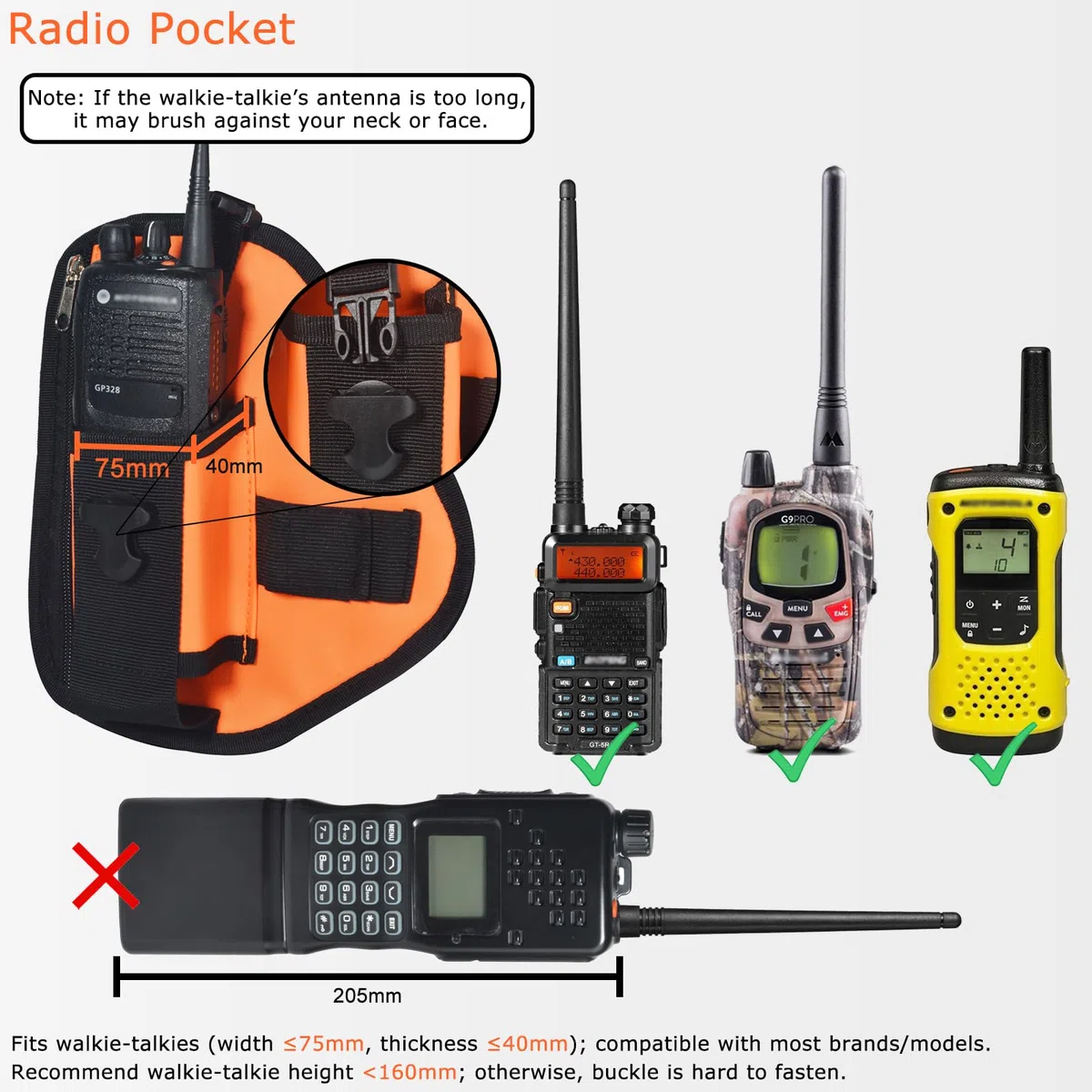 Funda Torácico para Radiotransmisor, Bolsa Multifuncional con Correa Ajustable de Nylon, Compatible con Baofeng Motorola Kenwood Midland Radio (Negro)