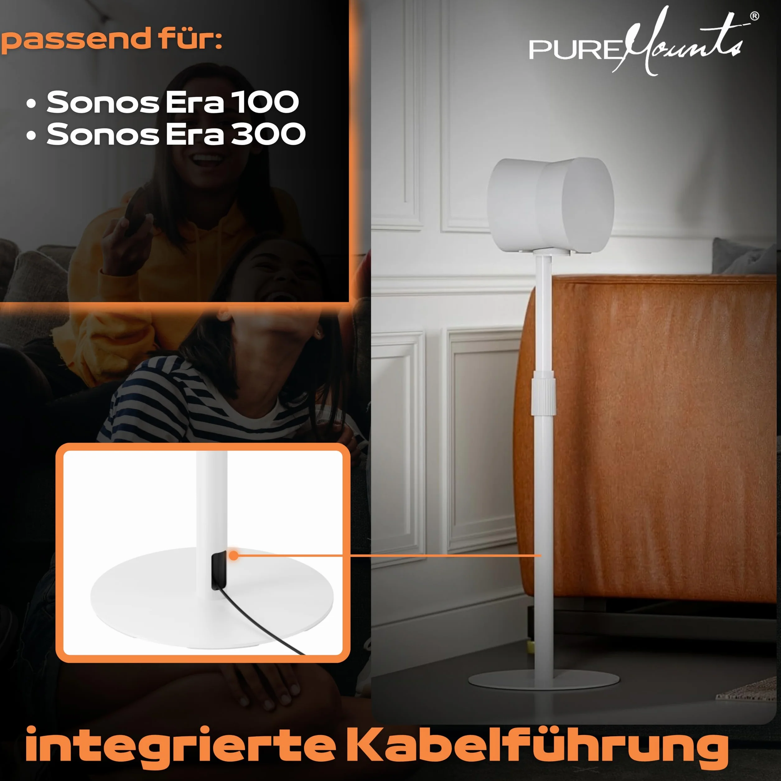 PureMounts Soporte de Altavoz Ajustable en Altura para Sonos Era 100 & 300, Soporte de Altavoz con organización de Cables, Capacidad de Carga de 5 kg, Blanco