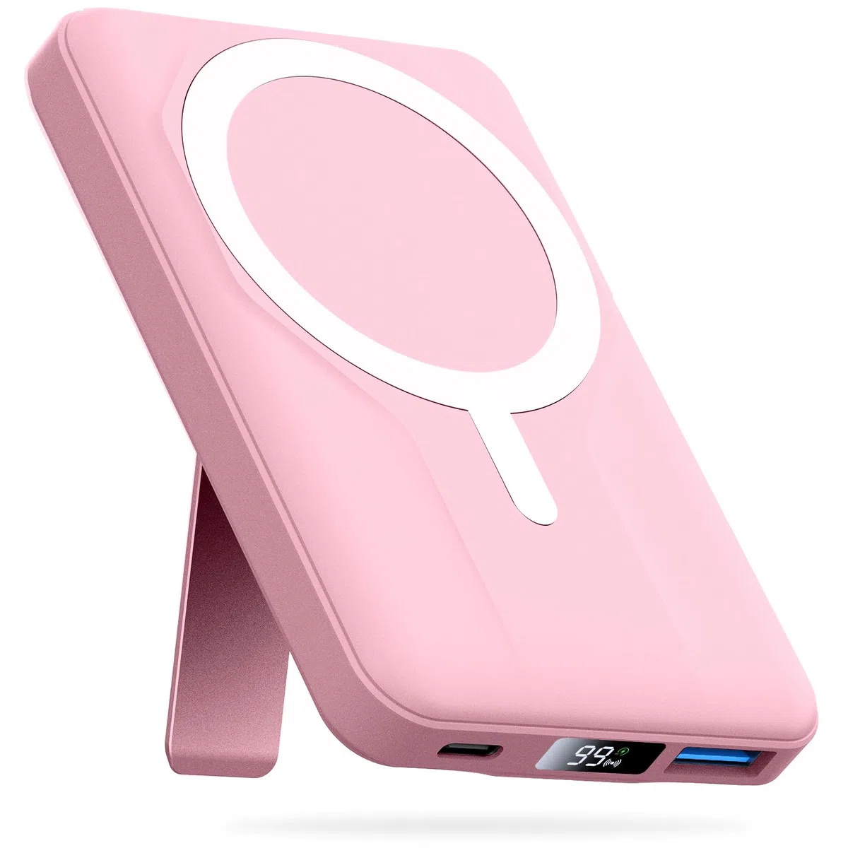 Azmuth para Magsafe Power Bank, 10000mAh Magnético Bateria Externa Carga Rapida 15W,Powerbank con Soporte Plegable Pantalla LED USB-C 20W y USB-A 22.5W para iPhone 17/16/15/14/13/12 Serie Rosado