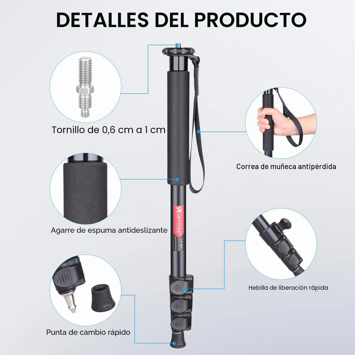ARTCISE Monopod para cámara, 156 cm, aleación de aluminio, monopié compacto con altura de 4 secciones, soporte de viaje ligero para cámara DSLR, capacidad de carga 15 kg