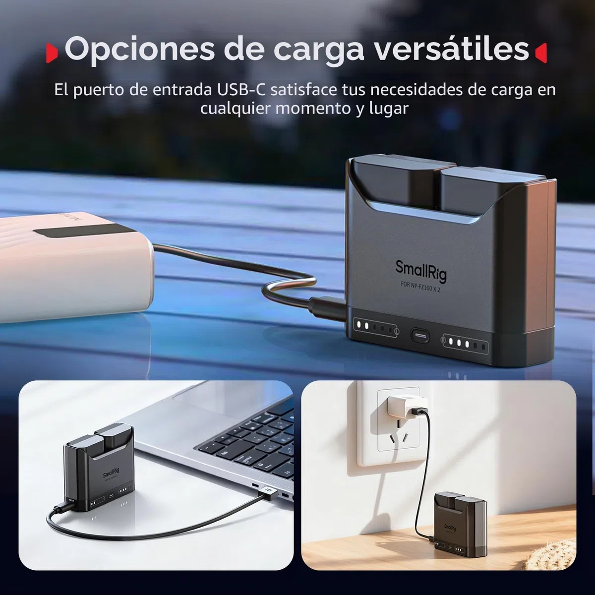 SMALLRIG Cargador Dual NP-FZ100 para Sony, Carga Rápida 2h con USB-C 22.5W, Compatible con Sony Alpha A7III/A7IV/A6700/FX3/FX30/A9/A7C/A7CII/A7RIII/ZV-E1-5489