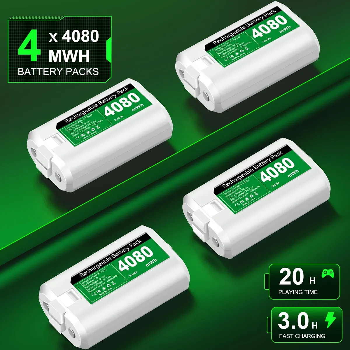 4 X 4080mWh Bateria para Mando Xbox Series X, Bateria para Mando Xbox con luz ambiental/15 Horas de Tiempo de reproducción, Batería para Mando Xbox Compatible con Xbox Series X/S, Xbox One S/X/Elite