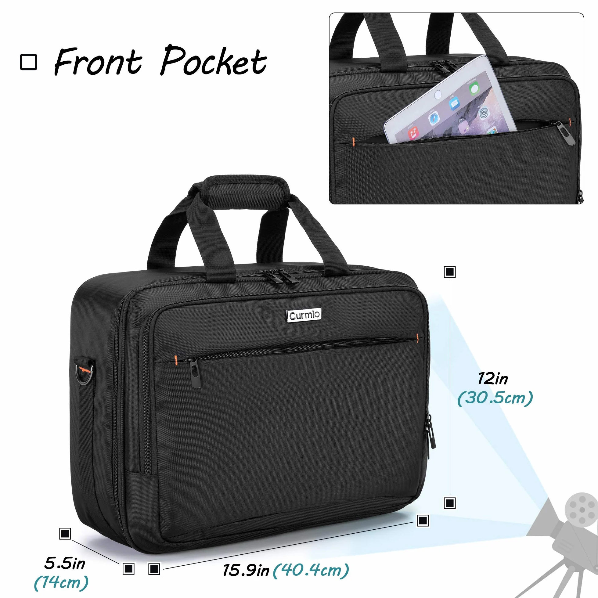 CURMIO Bolsa para Proyector, Maletines para proyectores, Bolso de Viaje para Proyector con Compartimento para Ordenador Portátil, Negro (Patente Pendiente)
