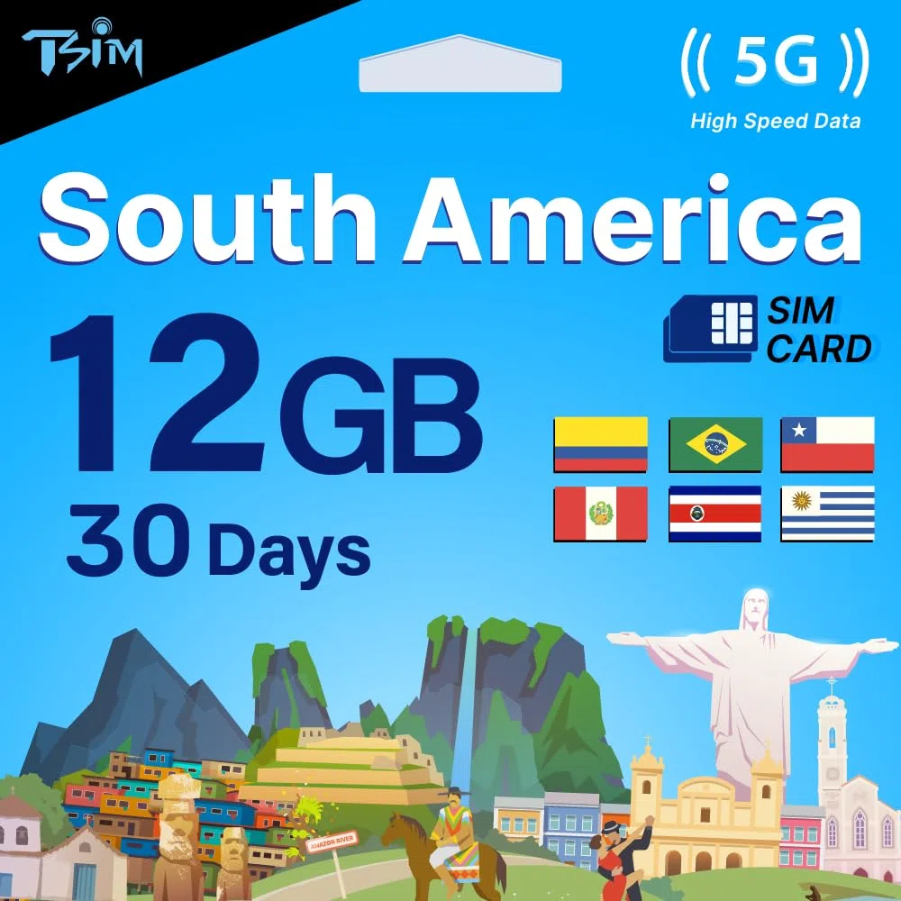 TSIM Tarjeta SIM de 30 días para América del Sur | 12 GB de Internet en 5G/4G/LTE (datos compartidos permitidos) | Utilizable en Brasil, Chile, Colombia, Perú, Uruguay y Costa Rica | Red 5G de alta