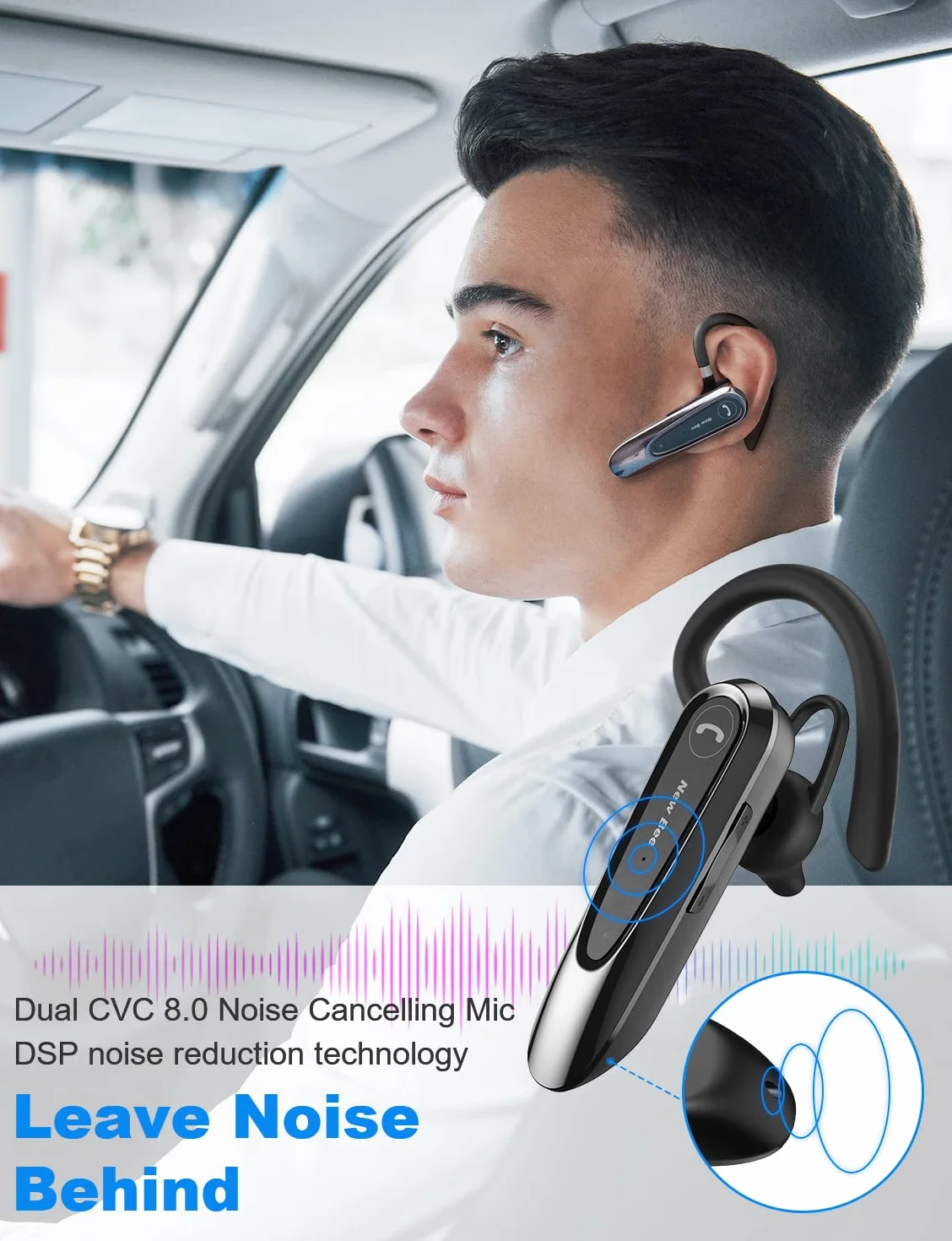 New Bee Auriculares Manos Libres con Doble Micrófono V5.0 Auricular Bluetooth con 20 Horas de Tiempo de Conversación Mic Mute Conexión de Dos Dispositivos para iPhone, Android y PC