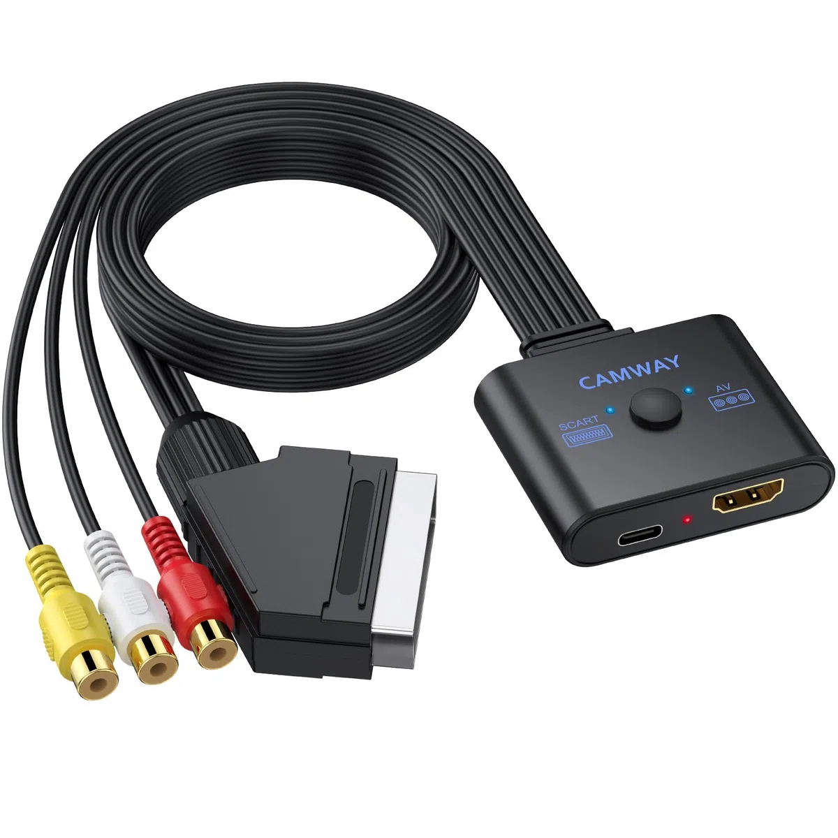 CAMWAY Adaptador RCA y Scart a HDMI con Switch 16:9/4:3, 1080P Convertidor AV/Scart a HDMI con Cable HDMI 50CM, Plug&Play, Compatible con PAL/NTSC para Wii PS1 PS2 N64 Xbox DVD VCR VHS