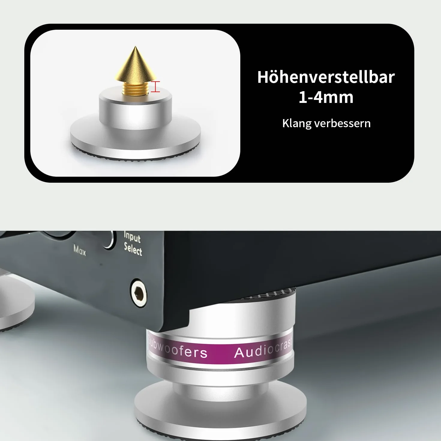Tertullus Juego de 4 puntas de subwoofer ajustables en altura con posavasos para altavoces y subwoofer, capacidad de carga de 50 kg