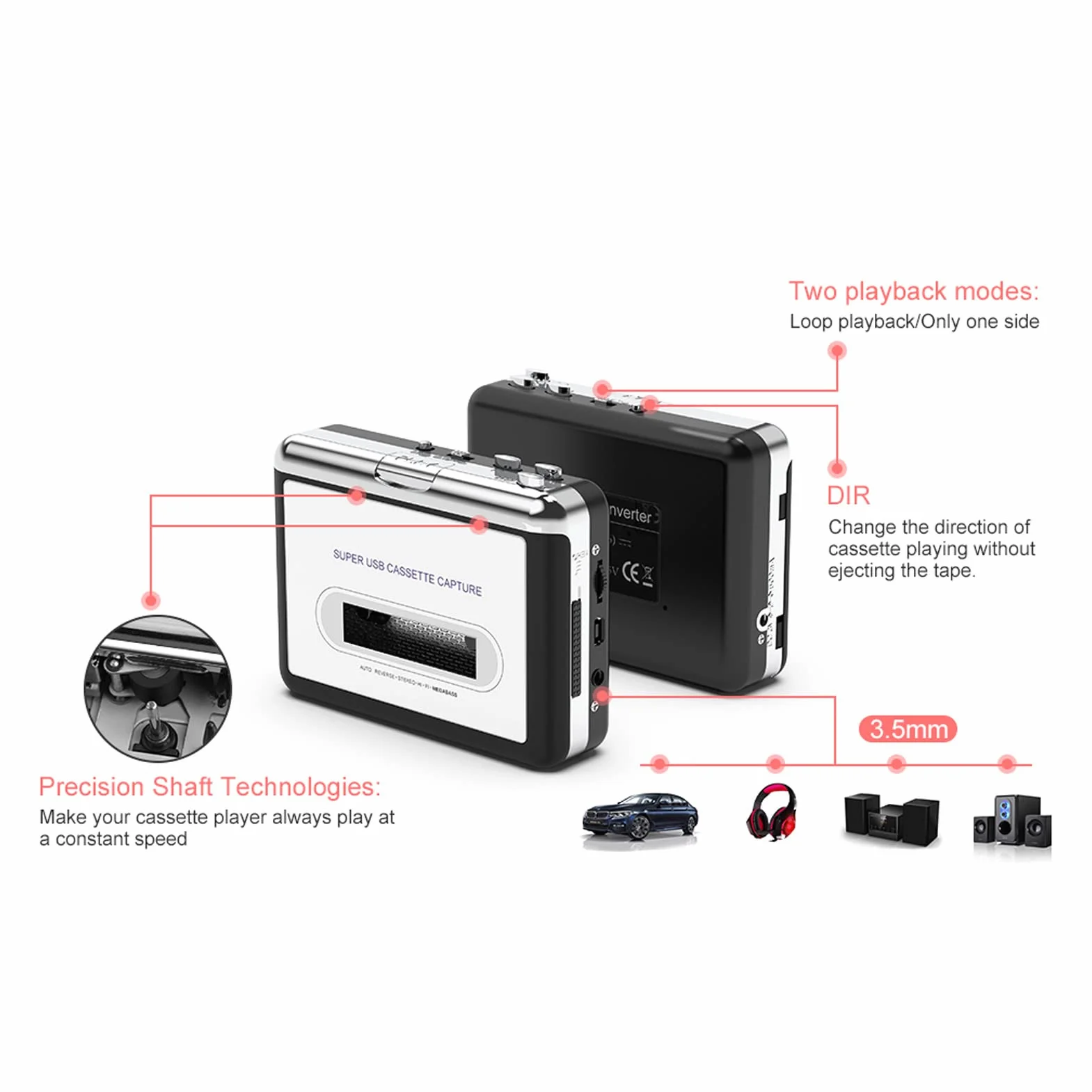 VBESTLIFE Reproductor de Casete Portátil, Reproductor de Cinta de Casete USB Portátil, Música de Audio MP3, Compatible con Computadora Portátil
