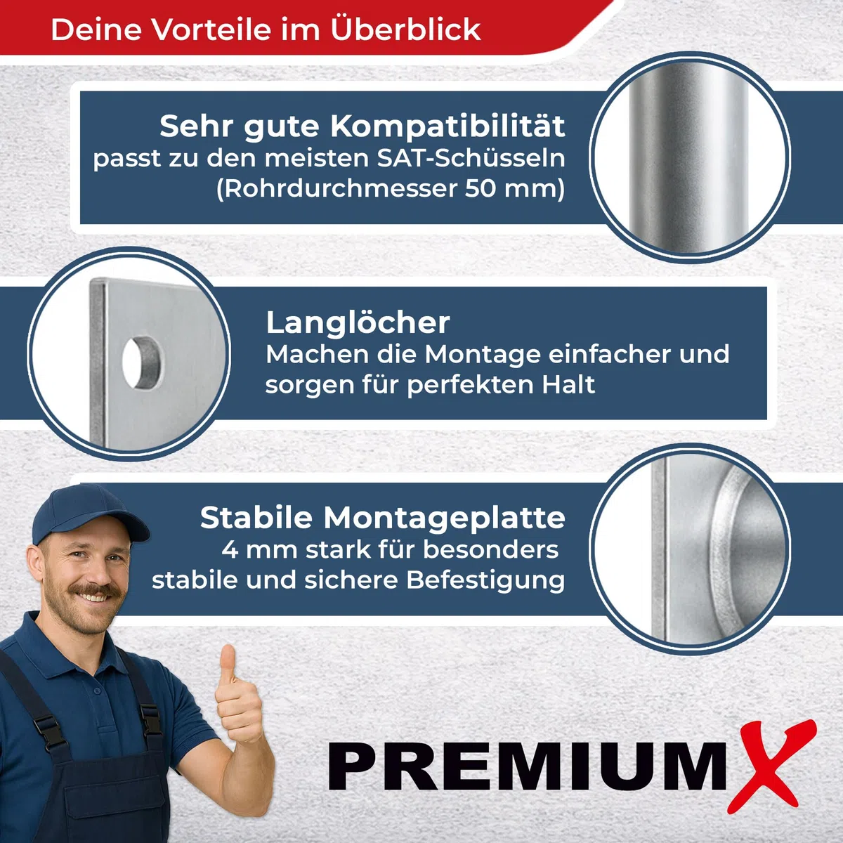 Premium X - Soporte de pared de 25 cm de aluminio para antena de satélite, soporte de pared para antena de satélite de aluminio, 250 mm