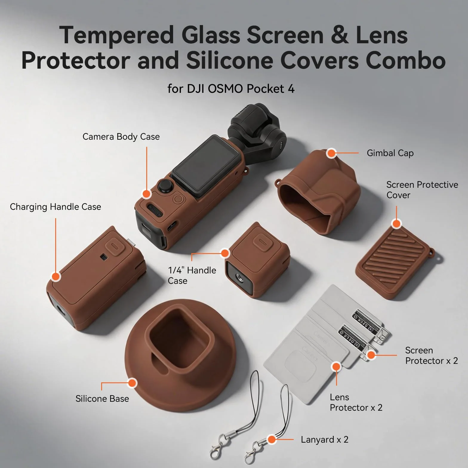 AMAZEAR Funda Silicona para dji OSMO Pocket 4, Pocket 4 Accesorios Funda Protectora Silicona Suave Combo con Cristal Templado Protector Pantalla Objetivo, Soporte Silicona, marrón