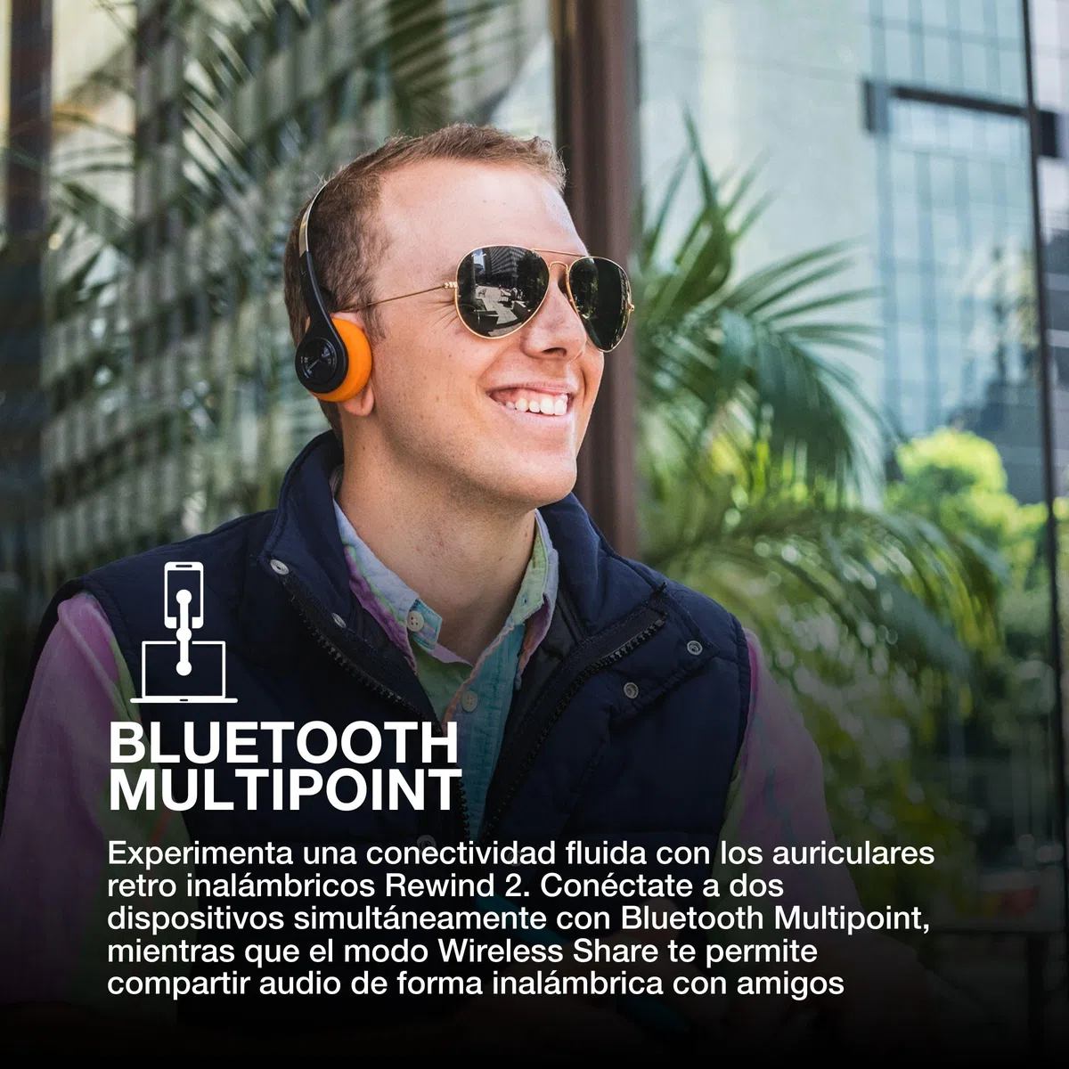 JLab Auriculares Retro, Auriculares Inalámbricos Rewind 2: con Controles de Aplicación Personalizados, Más de 20 Horas de Reproducción Bluetooth, Livianos y Vintage con Mic