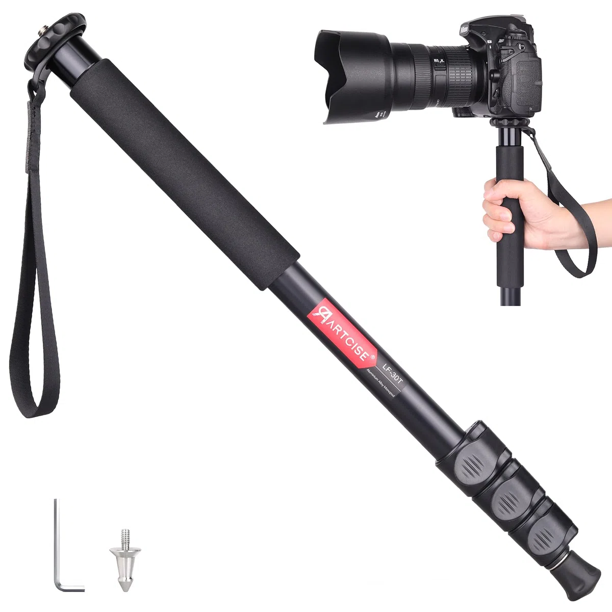 ARTCISE Monopod para cámara, 156 cm, aleación de aluminio, monopié compacto con altura de 4 secciones, soporte de viaje ligero para cámara DSLR, capacidad de carga 15 kg