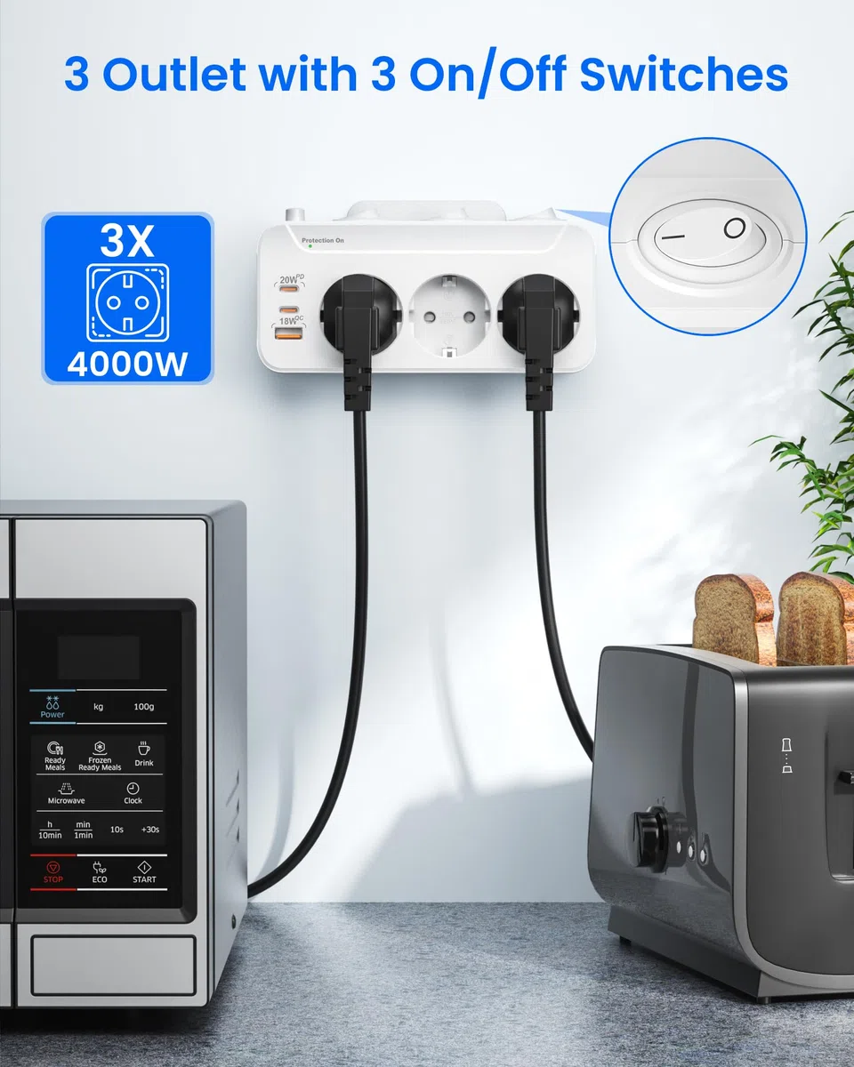 Ladron Enchufes USB C,Regletas Enchufes Pared Carga Rápida PD20W y QC18W,Enchufe Multiple 3 Tomas,Vertical Trifasico Enchufe con Interruptor,Adaptador Enchufe Triple Proteccion Sobretension,Blanco