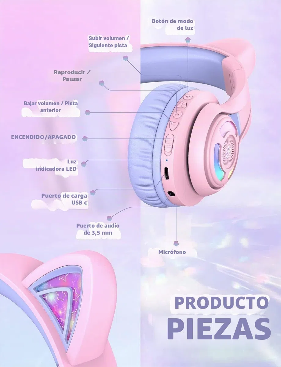 iClever Auriculares Bluetooth para Niños, BTH13 Cat Ear LED Light Up Kids Auriculares Inalámbricos, 50H Playtime, 74/85/94dB Limitación de Volumen, con Micrófono sobre la Oreja