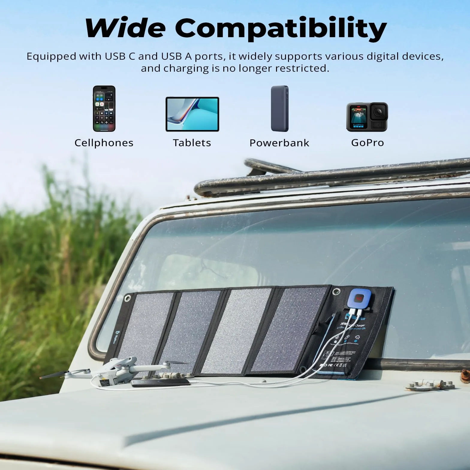 BigBlue 28W Cargador Solar Portátil, 2 Puertos (USB-C/USB-A) y IP44 Impermeable, Panel Solar Plegable con LCD Amperímetro Digital para Dispositivos Recargables, iPhone, Android, GoPro Etc