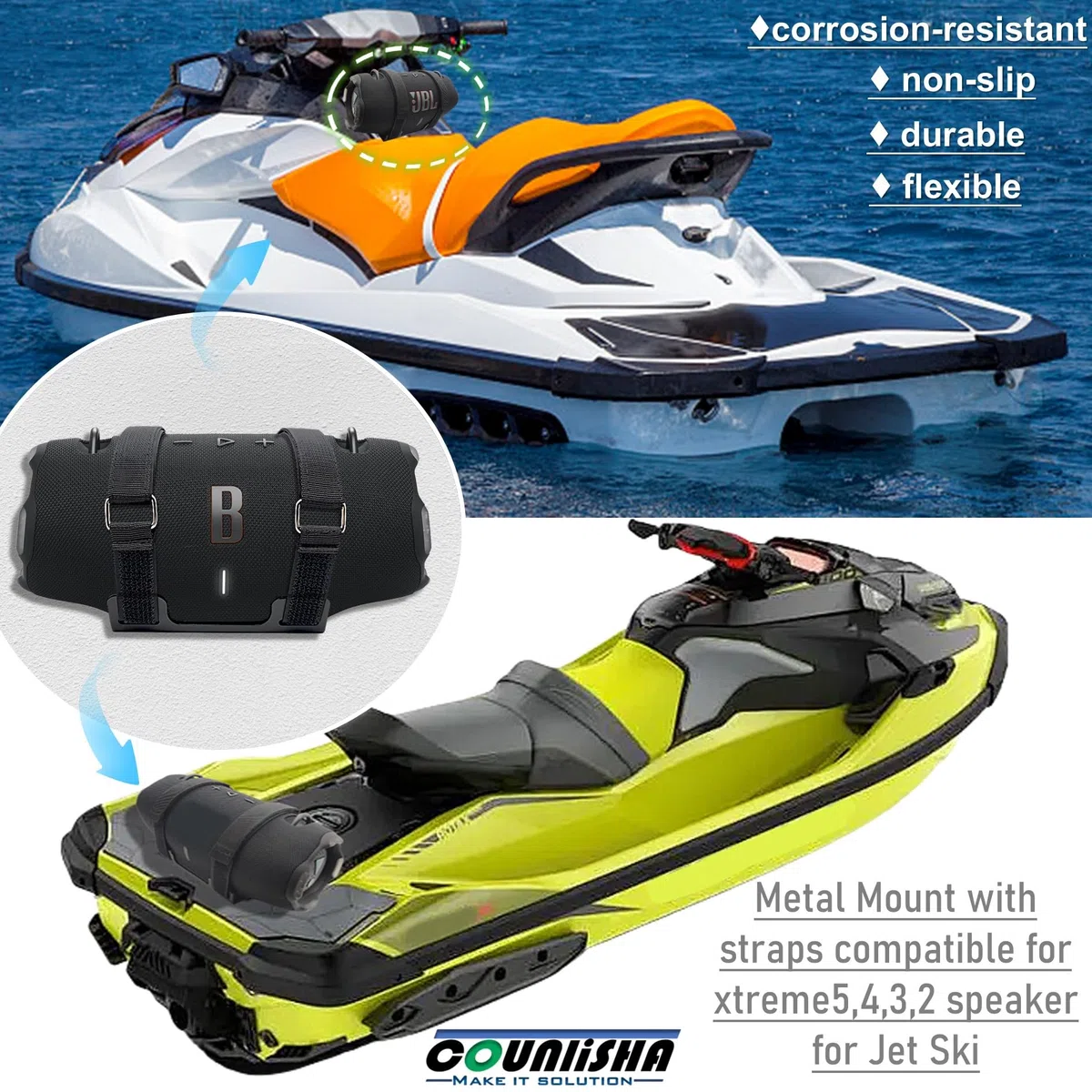 Soporte de pared de metal compatible con altavoz portátil JBL Xtreme 4 para motos de agua, motos de nieve, barco, PWC, soporte de pared seguro con correa ajustable para jbl xtreme 3/xtreme 2 para