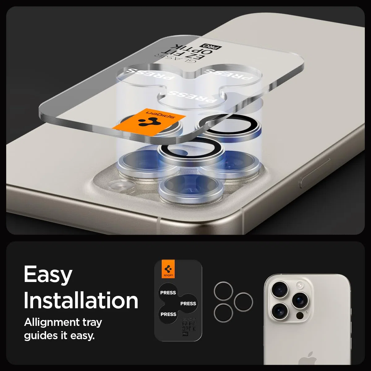 Spigen Glas.tR EZ Fit Optik Pro Protector de Cámara para iPhone 16 Pro, iPhone 16 Pro Max, 2 Unidades, Titanio natural, Protección Individual, Kit de instalación