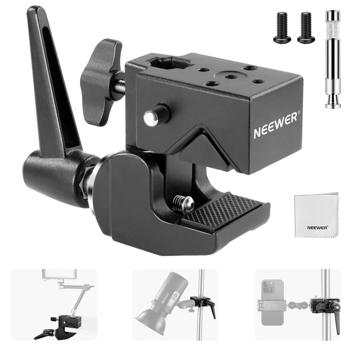 NEEWER Heavy Duty Super Clamp MAX Carga 33lb/15kg, 2,4" Jaw Grip Crab Clamp Mount para Barra Redonda Superficie Plana con 5/8" Stud/Spring Lock/Paño de Limpieza para fotografía de Estudio Luz de