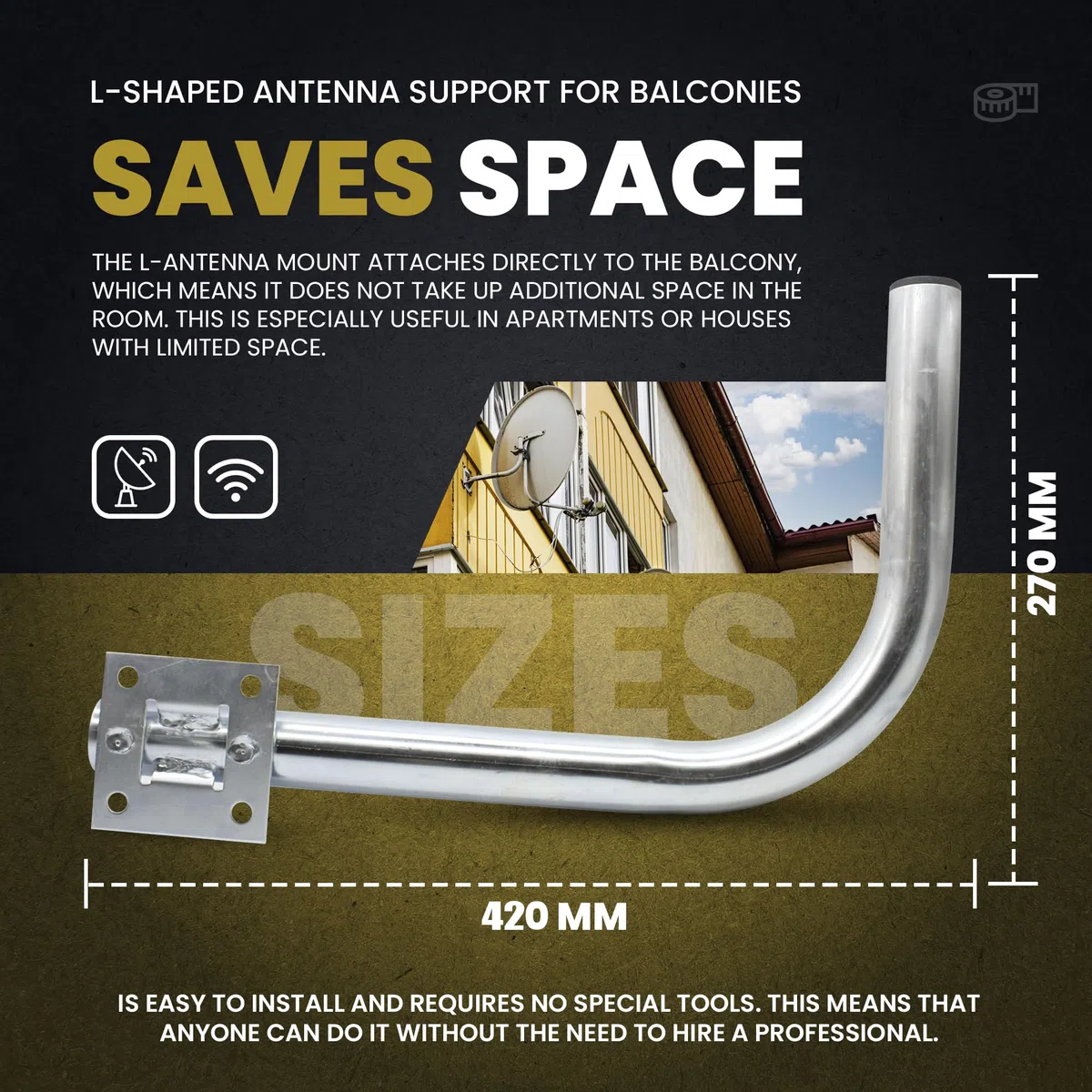 DOJA Barcelona | Soporte Balcon en L para Antena | 42x27cm | Pack 1 | Soporte en L | Estructura Antena Parabolica Exterior | Estructura Satelite para Barandal y Pared de Balcon en Forma de L