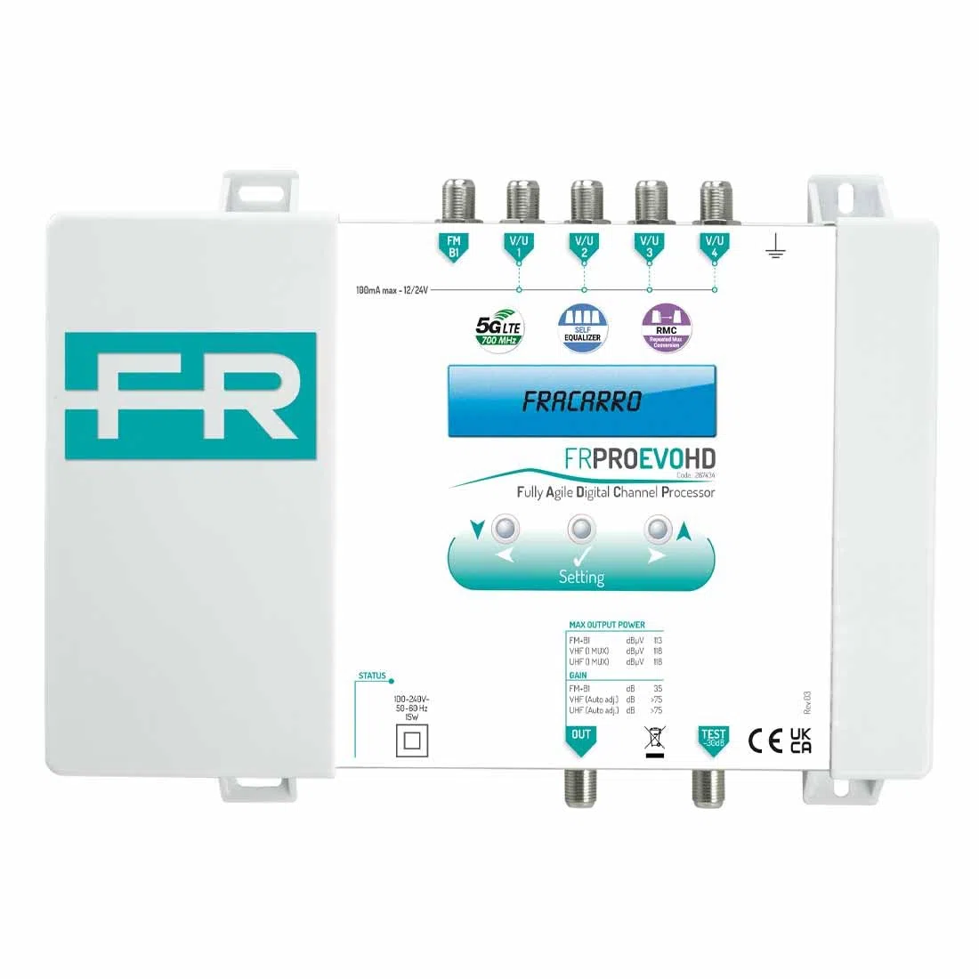 FRACARRO Central Programable de Filtrado Selectivo: 5 Entradas B1+FM y VHF/UHF – 32 Filtros de 1 a 6 Canales – Autoecualizador y Conversión Mux Repetida – Salida 118dBμV (FRPRO EVO HD)