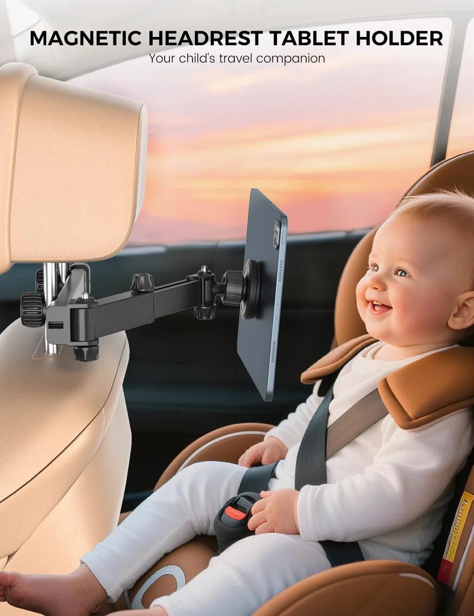 OHLPRO Soporte para tablet coche reposacabezas con fuerte magnético, brazo extensible de aluminio para coche, soporte para tableta, soporte universal de viaje para niños, soporte para iPad Sumsung