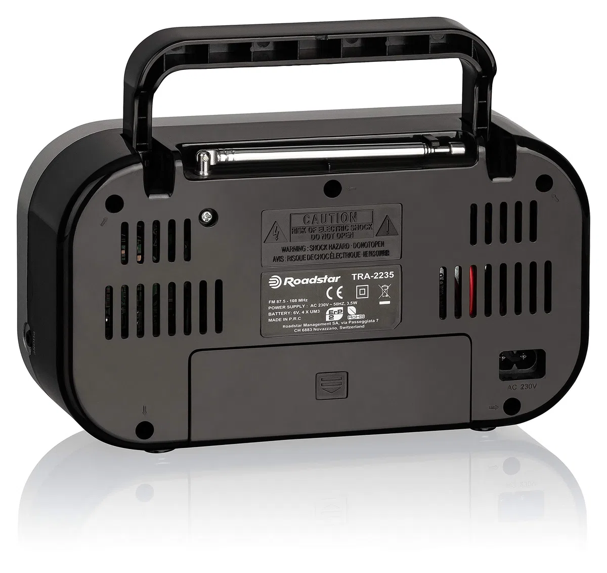Roadstar TRA-2235RD Radio Portátil FM Analógica, Funciona a Red/Pilas, Toma de Auriculares, Transistor Pequeño y Ligero para Casa, Cocina, Altavoz 6.4W, Excelente Recepción, Rojo