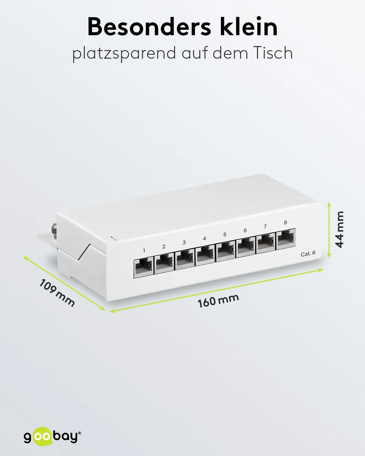 Goobay Cat 6 Mini/Desktop Patch Panel, 8 puertos, color blanco – STP, color blanco
