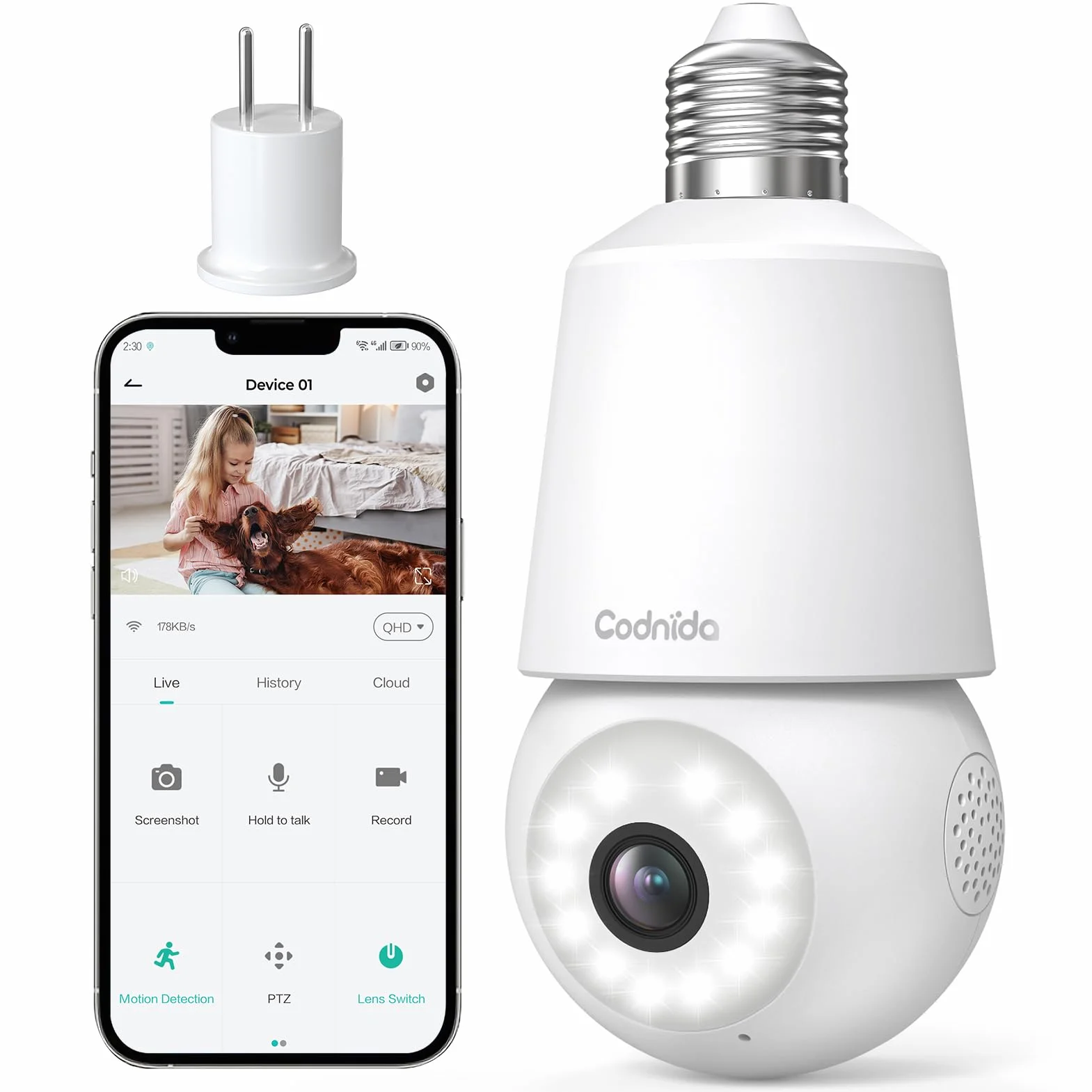 Codnida Camara de Bombilla Vigilancia WiFi Exterior/Interior 2K, PTZ 360 Grados IP Camaras Domicilio con 24/7 Grabación Continua, Visión Nocturna Inteligente en Color, Detección de Movimiento