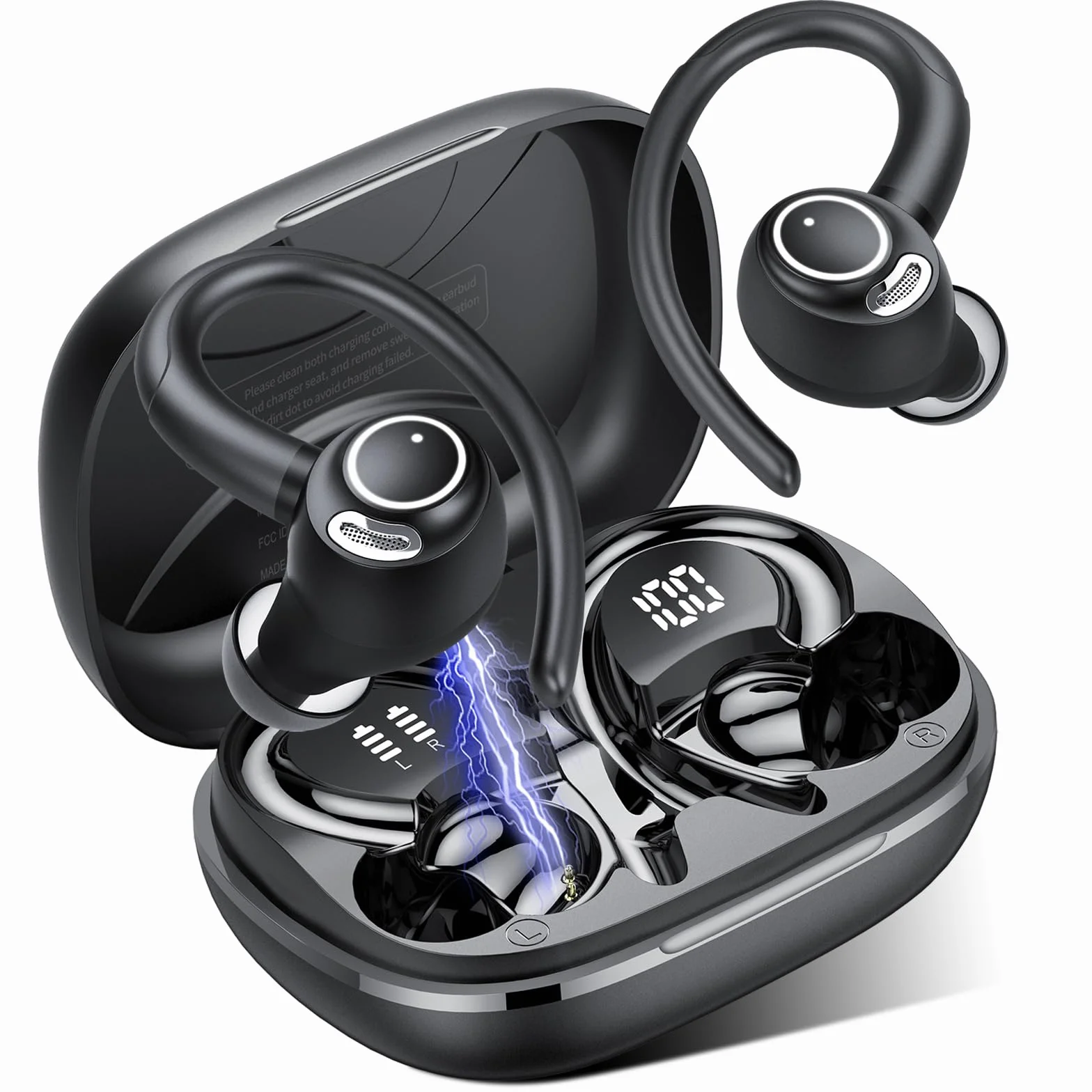 Jesebang Auriculares Inalámbricos Deportivos, Auriculares Bluetooth 5.3 con HD Micrófono, Sonido Premium, 40H de Reproducción, Pantalla LED, Cómodos de Llevar, Cascos Inalambricos con Gancho, Negro
