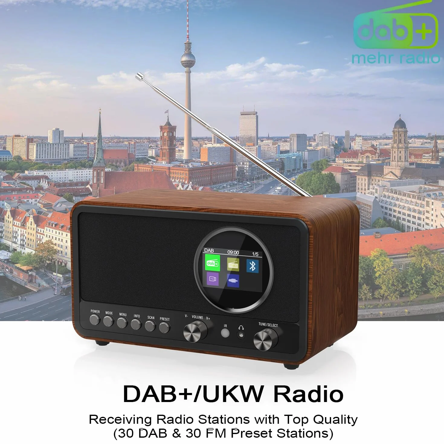 Monodeal Radio portátil DAB+ FM 5 W Altavoz HiFi Despertador 60 Preajustes
